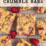 Top view of a group of raspberry crumble bars on a baking rack.