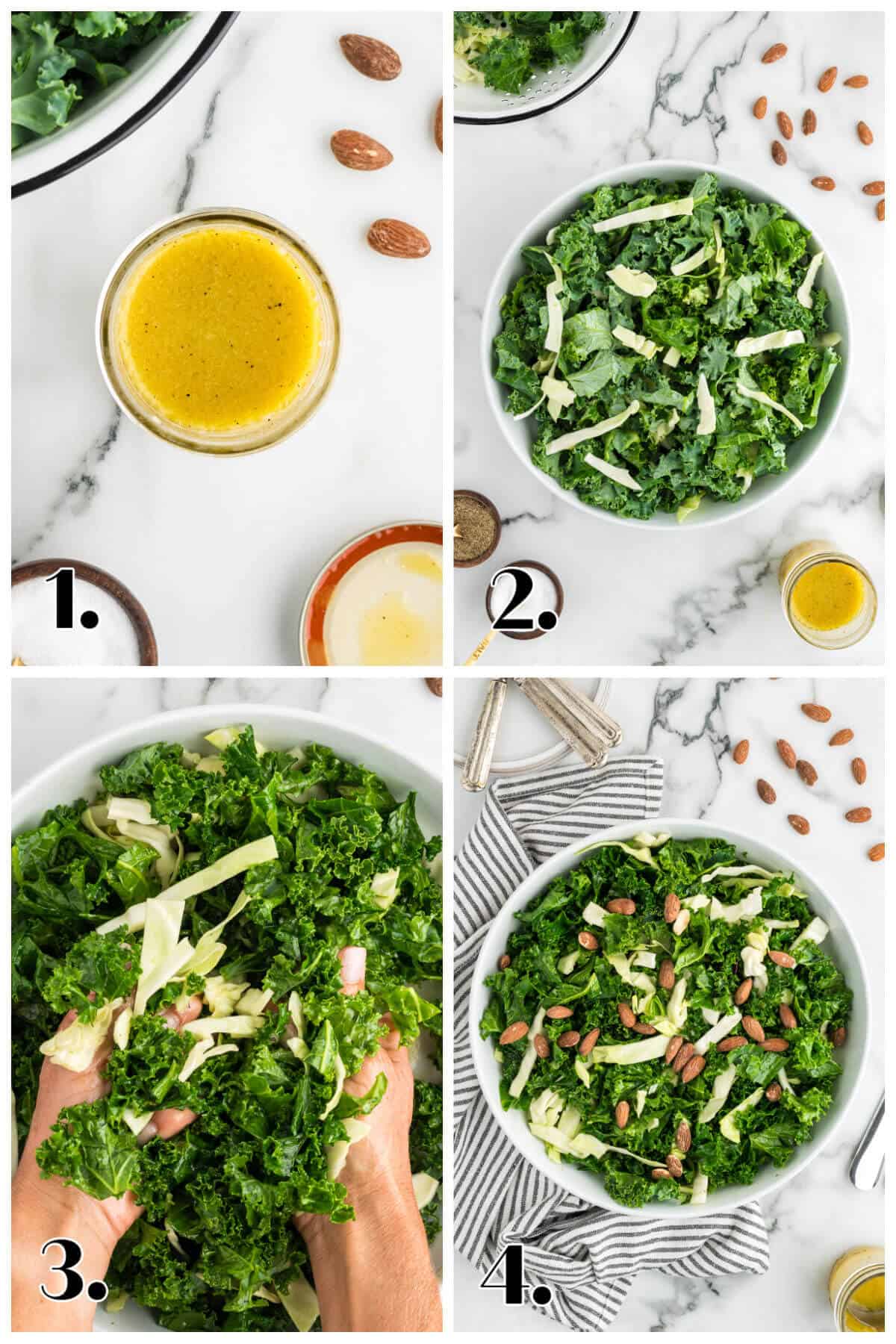 Collage of 4 photos showing the steps to make Kale Crunch Salad at home.