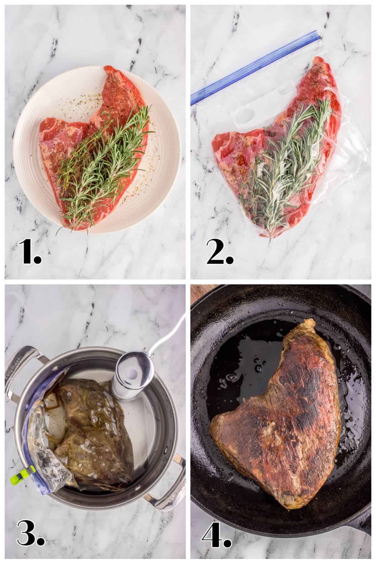 Four picture collage showing how to cook sous vide tri-tip. Season, bag, water bath, sear.