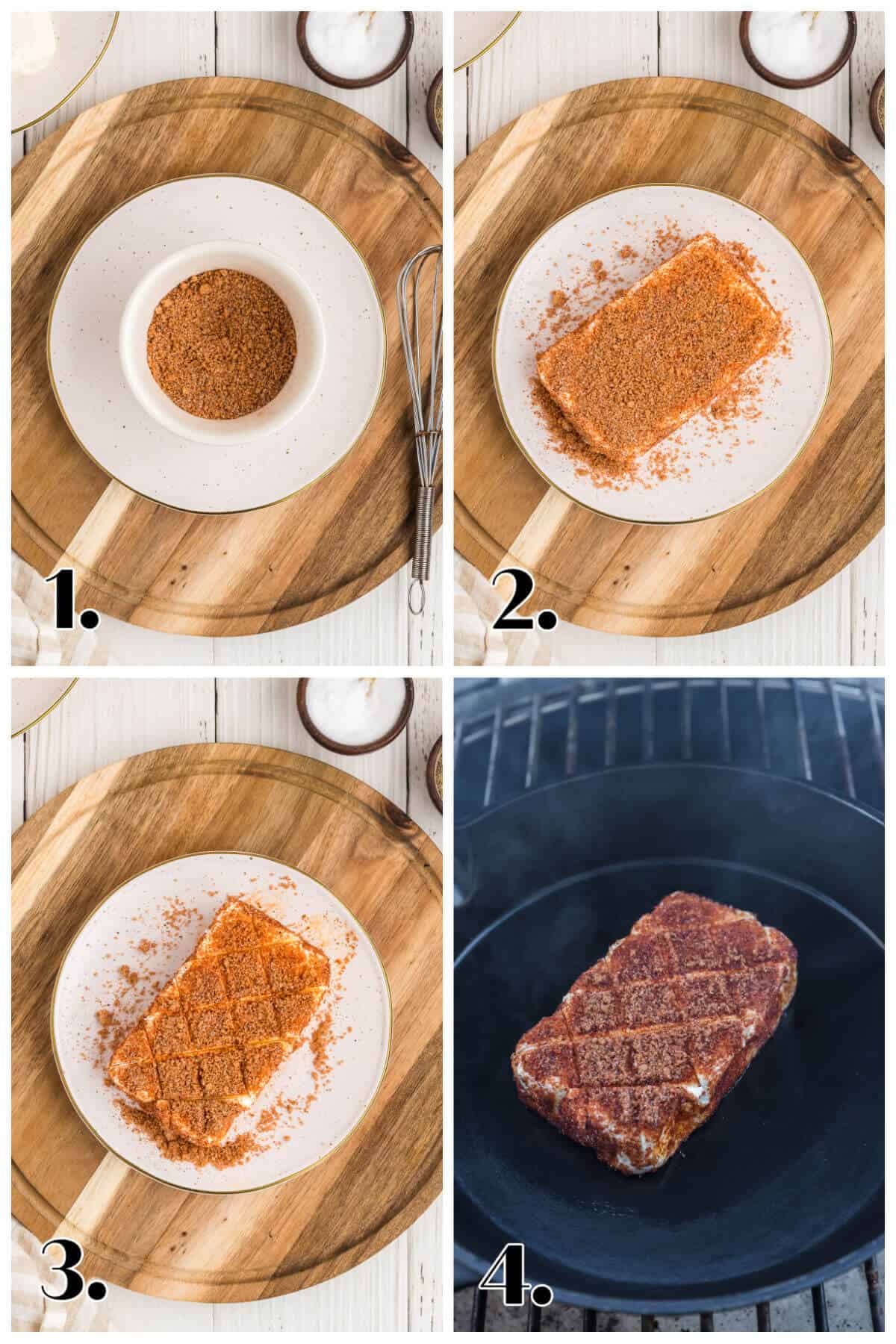 Four image collage showing the steps on how to smoke cream cheese. Make the dry rub, coat the cheese, cut cross hatch pattern, and put in the smoker.