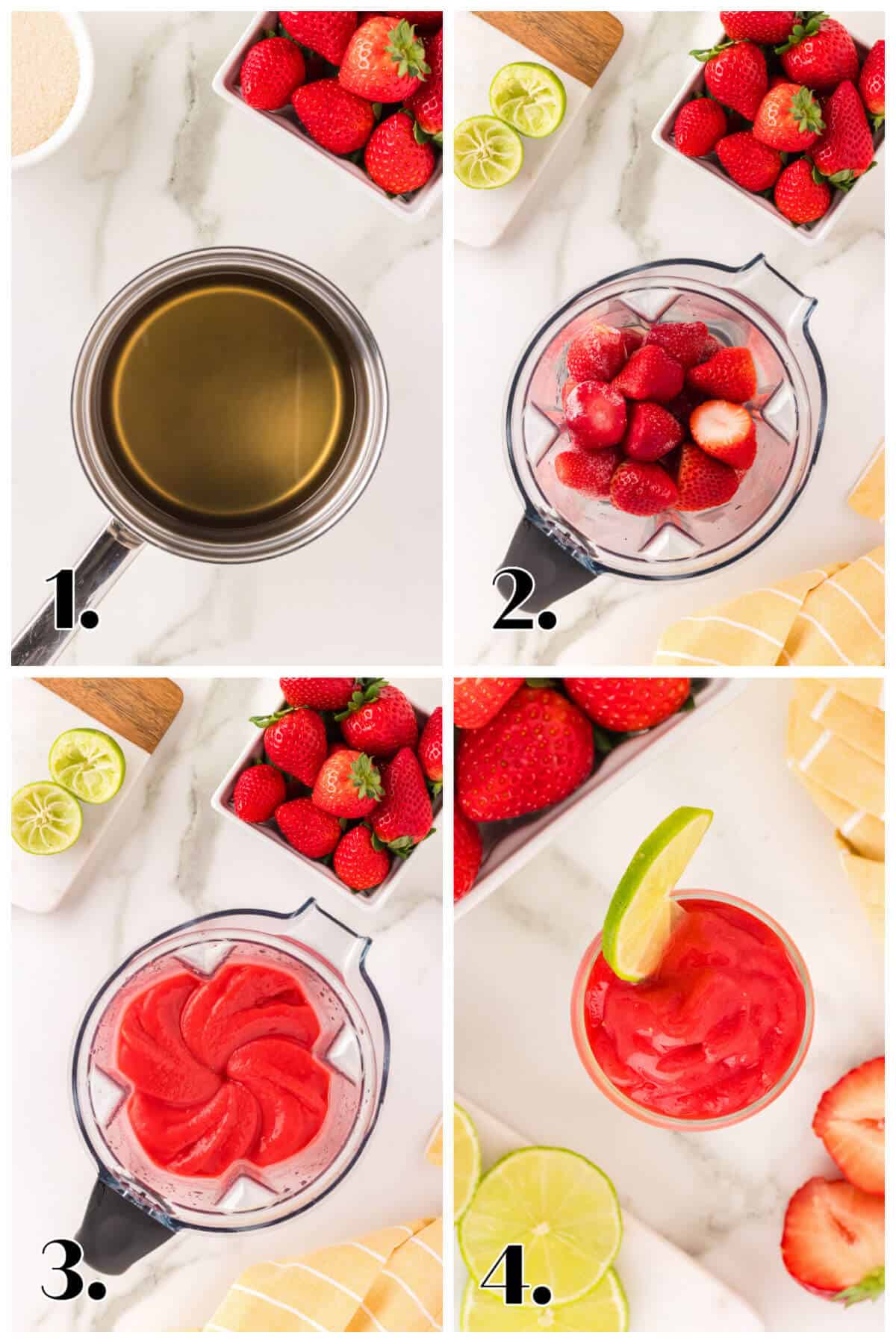 4 image collage with steps to making non-alcoholic strawberry daiquiris. 1. make syrup. 2. put ingredients in blender. 3. blend. 4. pour and garnish.