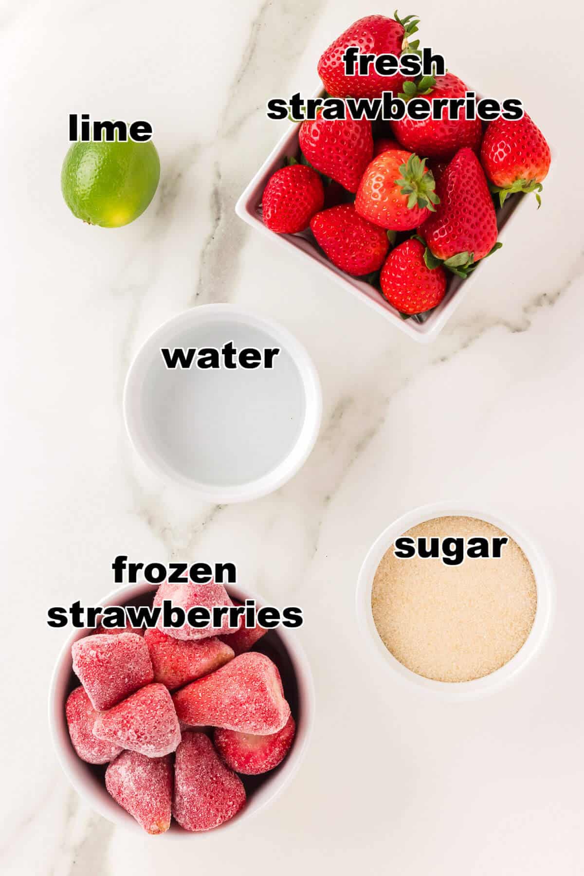 Ingredients to make a virgin strawberry daiquiri.