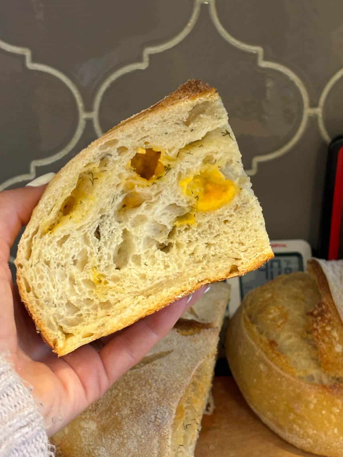 hand holding a hunk of cheddar dill sourdough bread, showing the crumb and melty cheese.