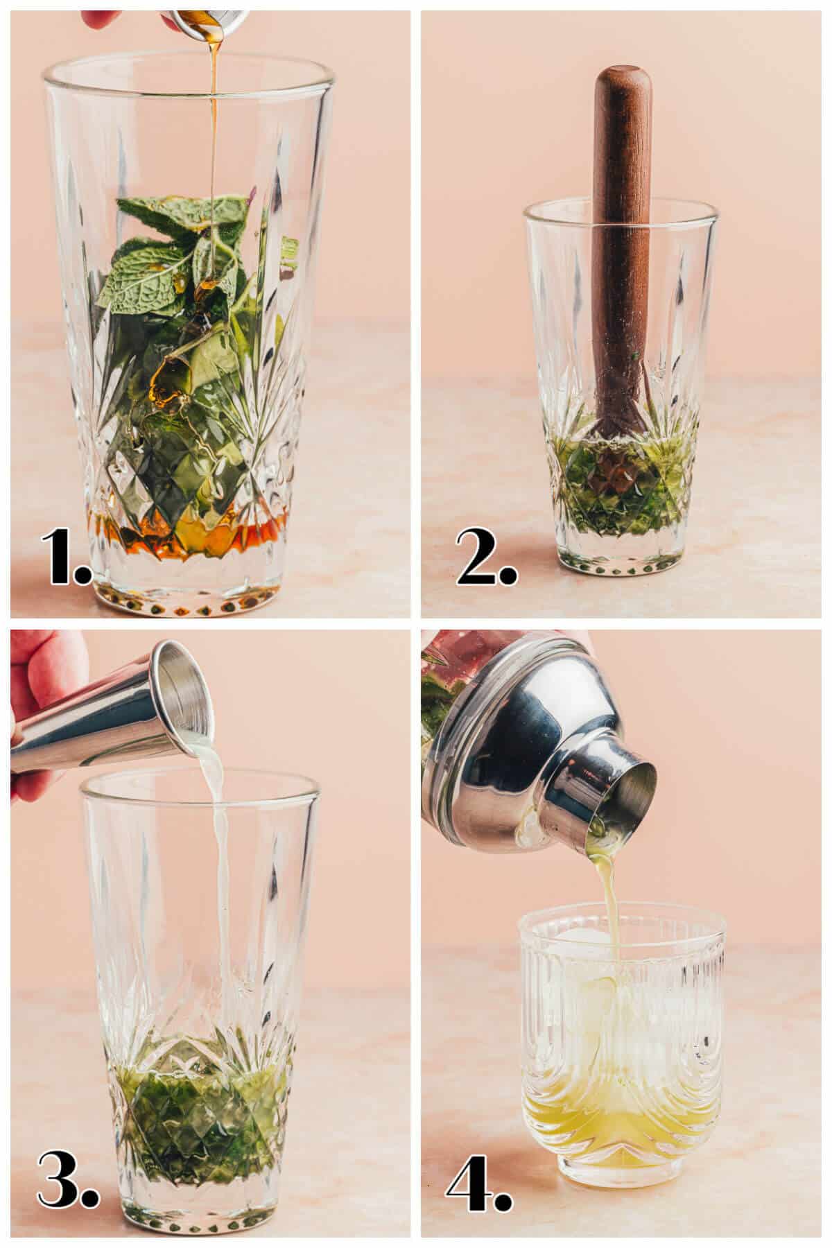 Four image collage showing steps to make Cucumber Lime Mocktail.