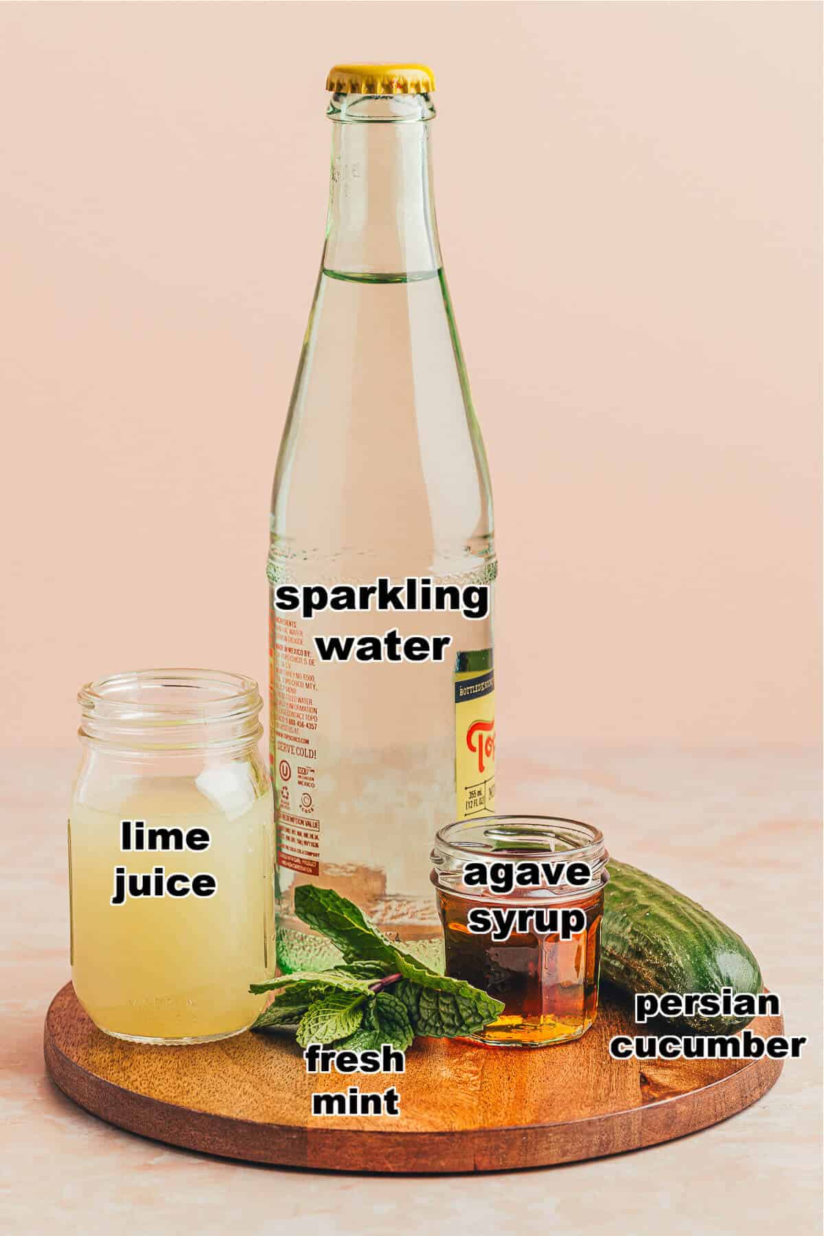 Ingredients to make a cucumber lime mocktail: sparkling water, lime juice, fresh mint, agave syrup, and cucumber. Ingredients are sitting on a round wooden tray.