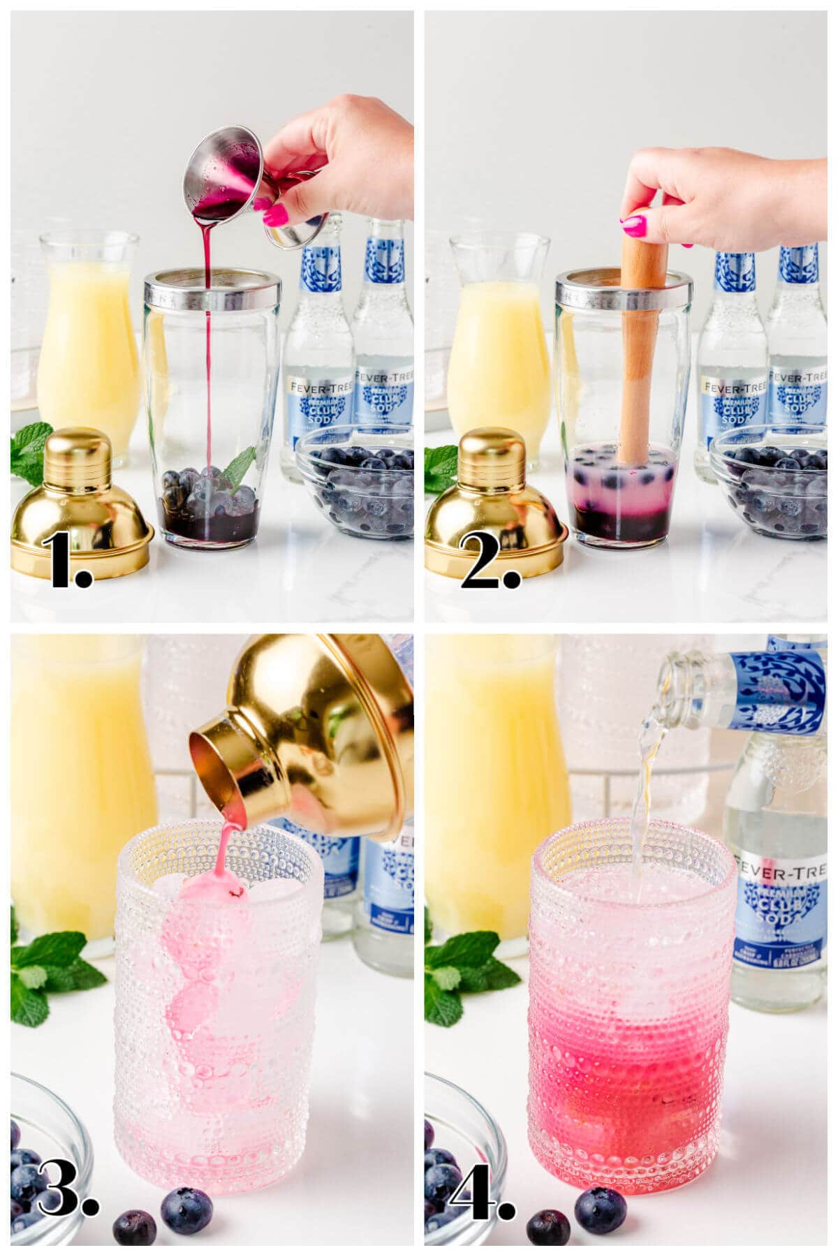 A four-step collage showing how to make a blueberry mint mocktail: Step 1, blueberry syrup is poured into a cocktail shaker with mint and fresh blueberries; Step 2, the mixture is gently muddled; Step 3, the shaken drink is poured into a glass over ice; Step 4, club soda is added to finish the mocktail. Ingredients like pineapple juice, club soda bottles, and fresh mint are in the background.