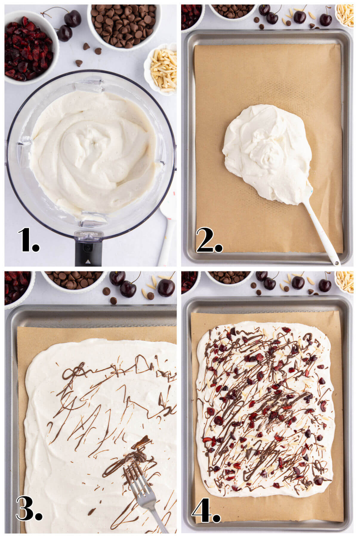 Four image collage showing the steps to make Cottage Cheese Ice Cream Bark.