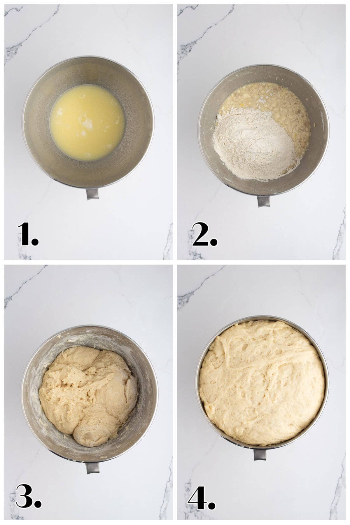 Four image collage showing the steps to make dough for homemade crescent rolls.