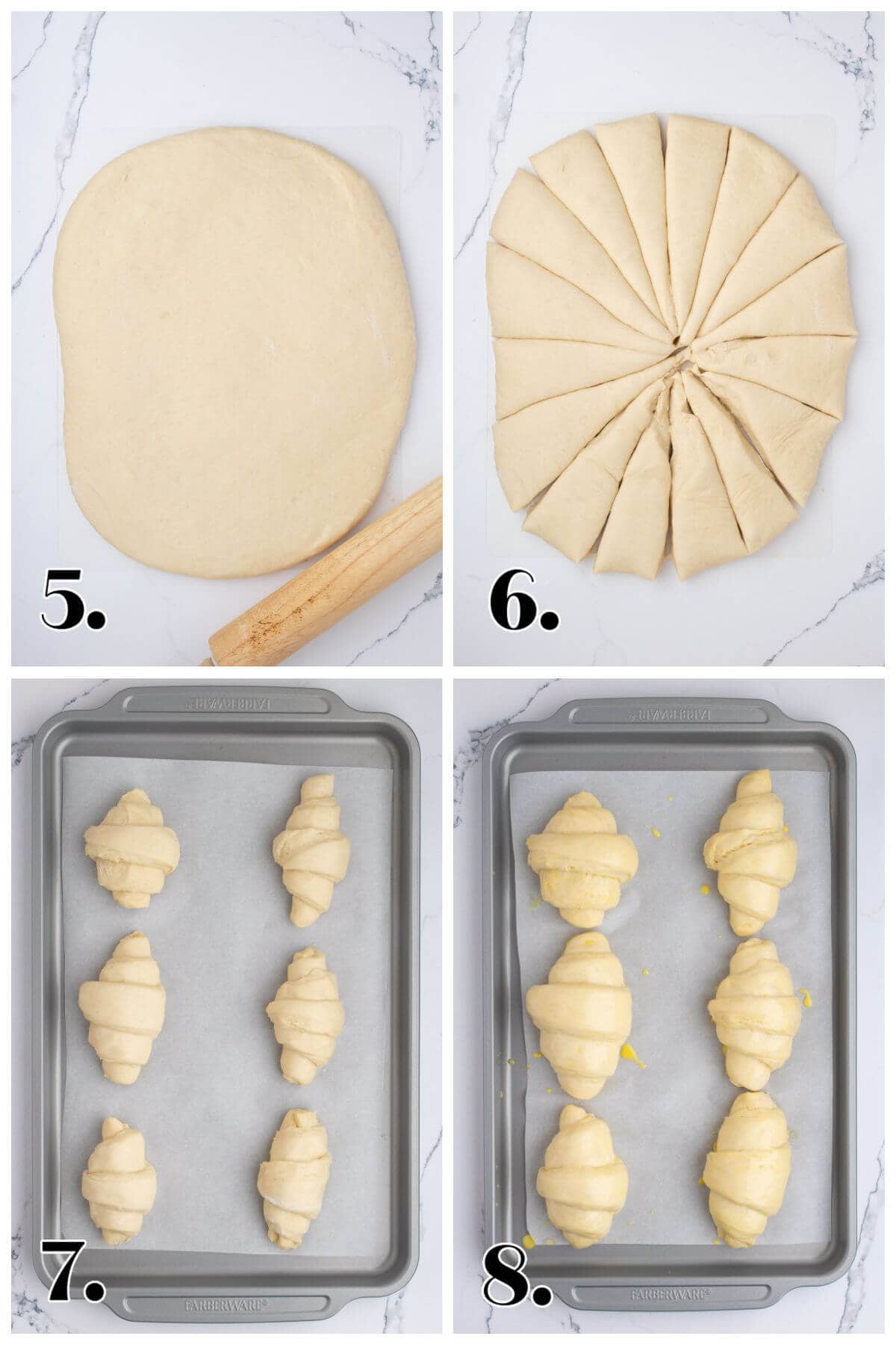 Four image collage showing how to roll out and cut dough for homemade crescent rolls.