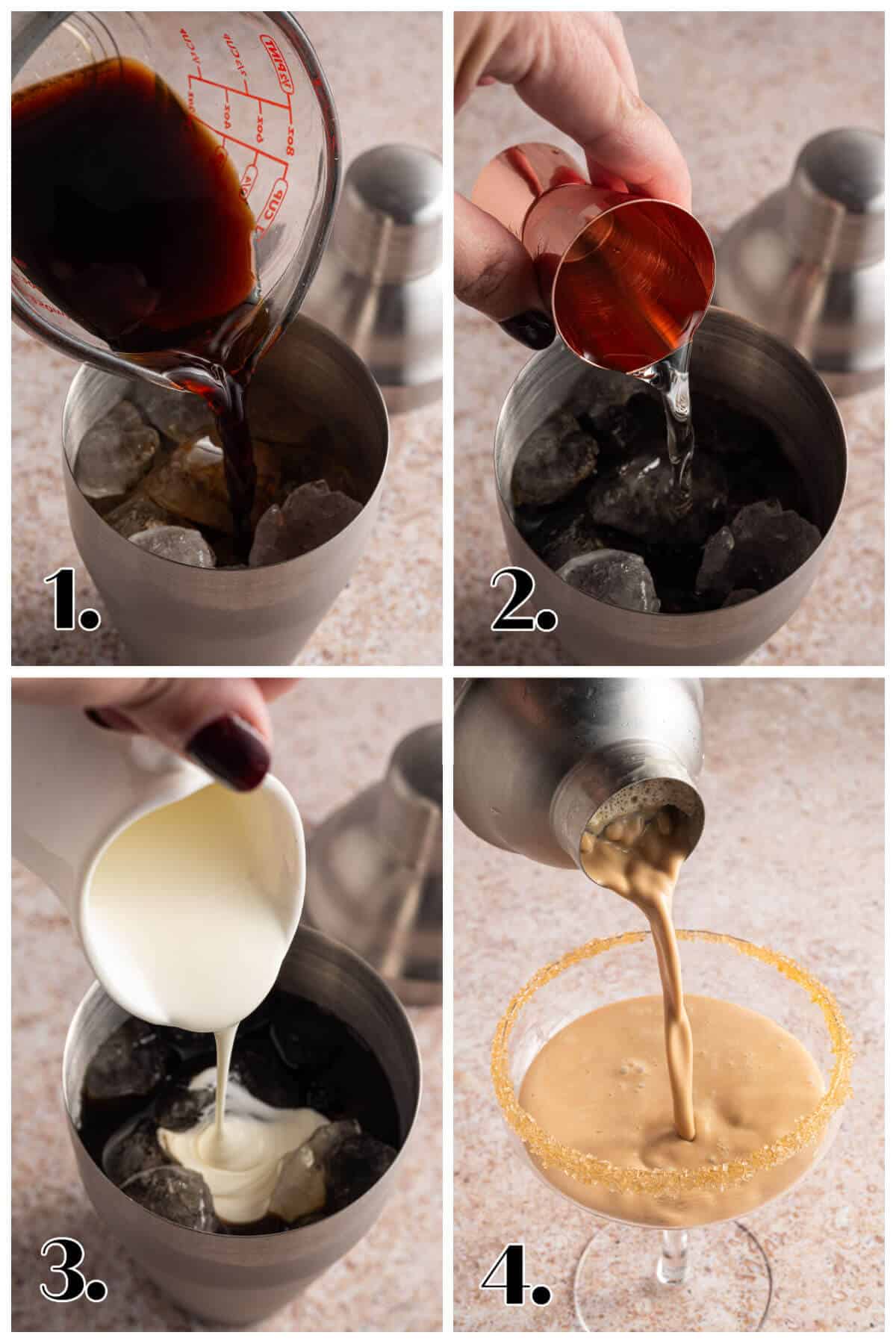 Four image collage showing the steps to make a non alcoholic Espresso Martini.