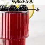 Close-up image of a blackberry mocktail in a ribbed highball glass, garnished with blackberries on a cocktail pick and a lime slice, with blue flowers beside the glass. Text overlay reads: Blackberry Mocktail.