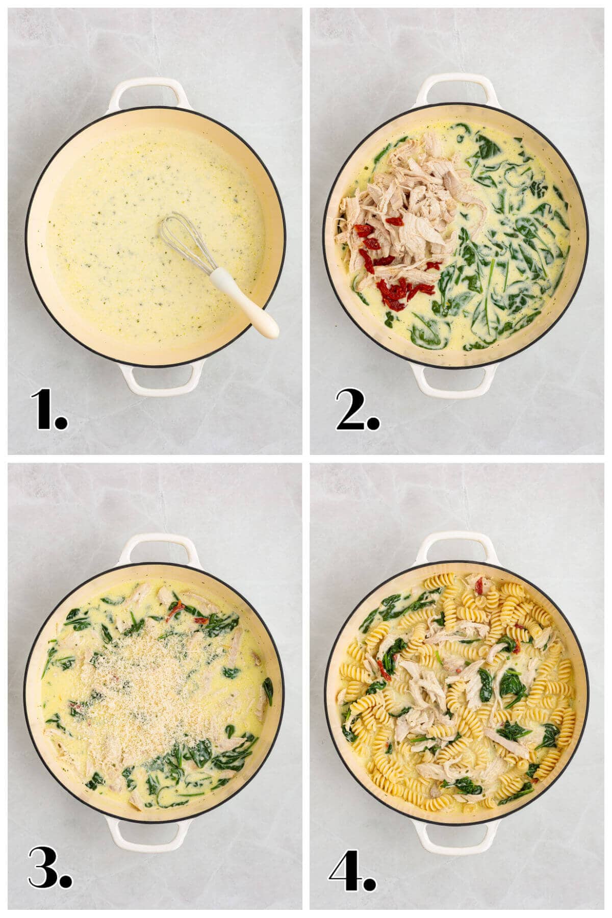 Four image collage showing the steps to make Boursin Chicken Pasta. 1-make the sauce; 2- add chicken, tomatoes, spinach; 3-add parmesan cheese; 4- add cooked pasta.
