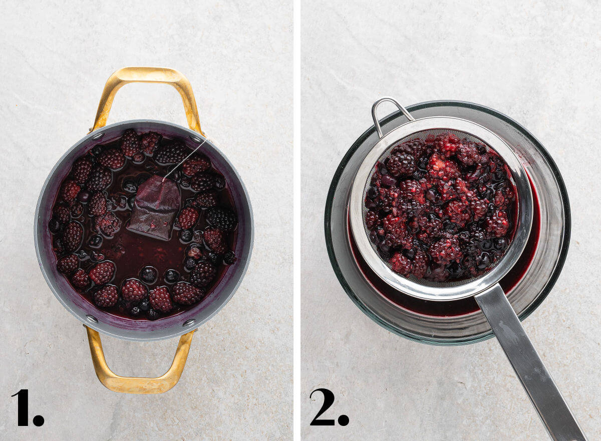 Two image collage showing how to make Blackberry tea syrup for a mocktail. 1. simmer ingredients over heat; 2. strain mixture in a fine mesh sieve.