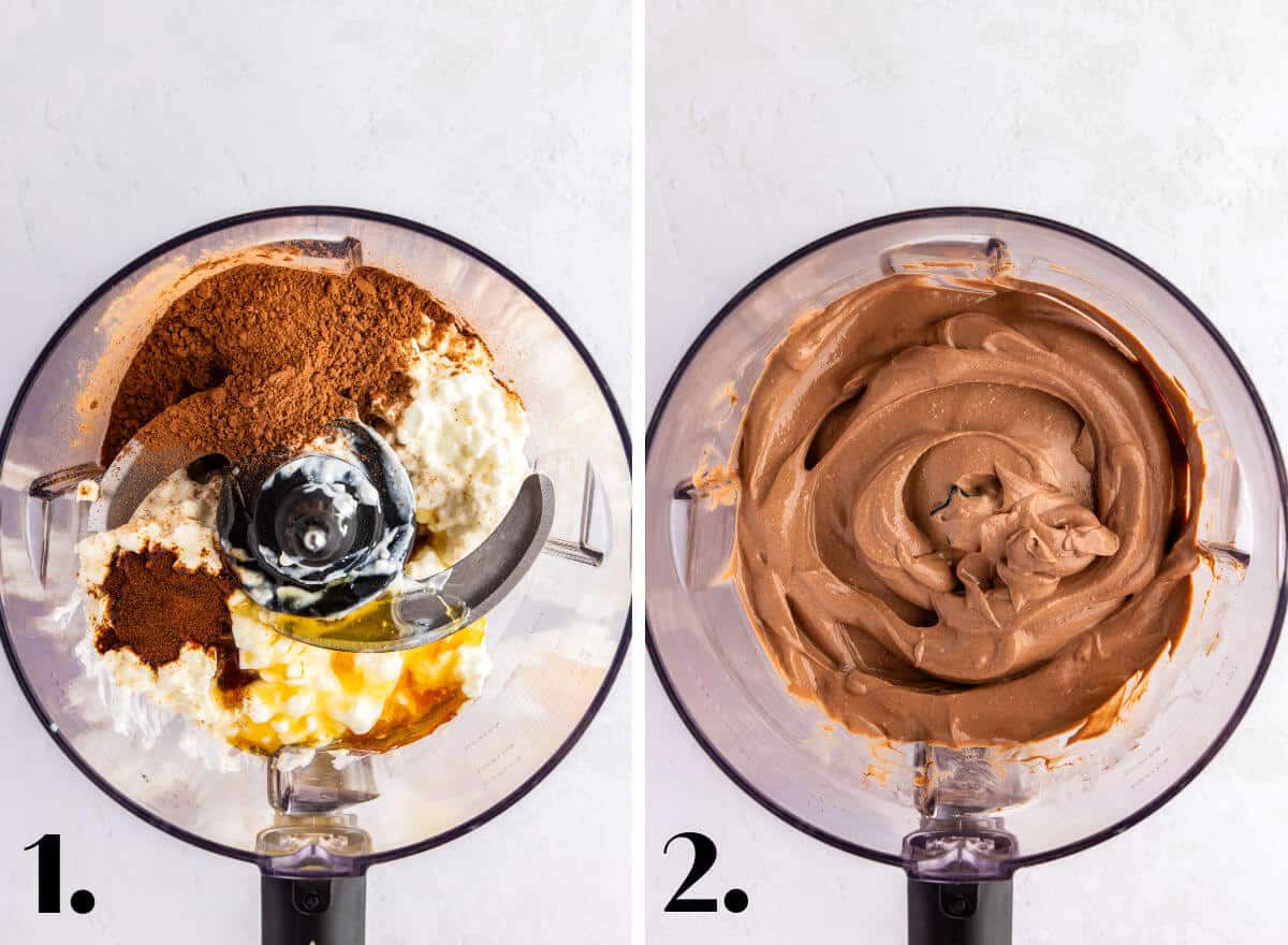 Two image collage showing how to make High Protein Chocolate Mousse. First image shows ingredients in a food processor not yet blended. Second image shows blended chocolate mousse.