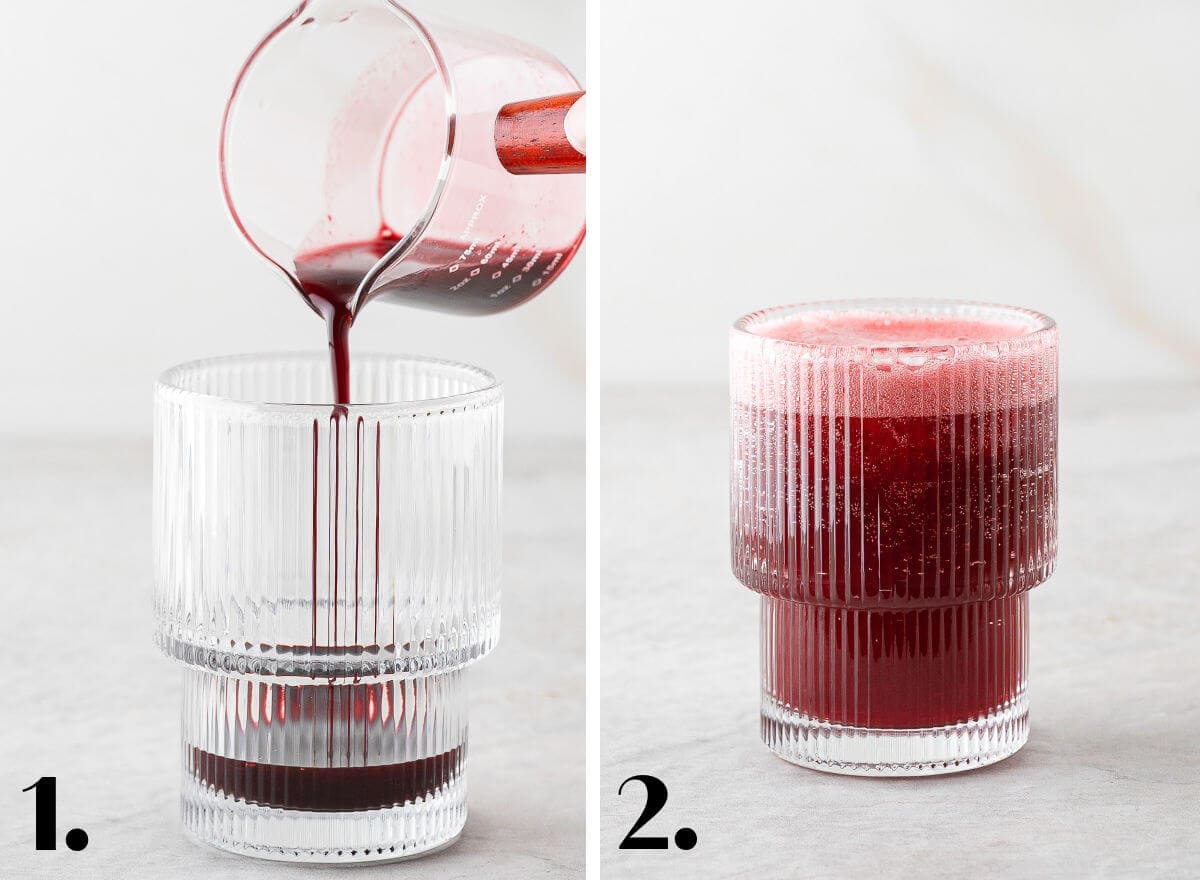 Two image collage showing how to make a Blackberry Mocktail. 1. pouring in syrup; 2. adding the rest of the ingredients finishing with spakrling water, the image shows the fizz.