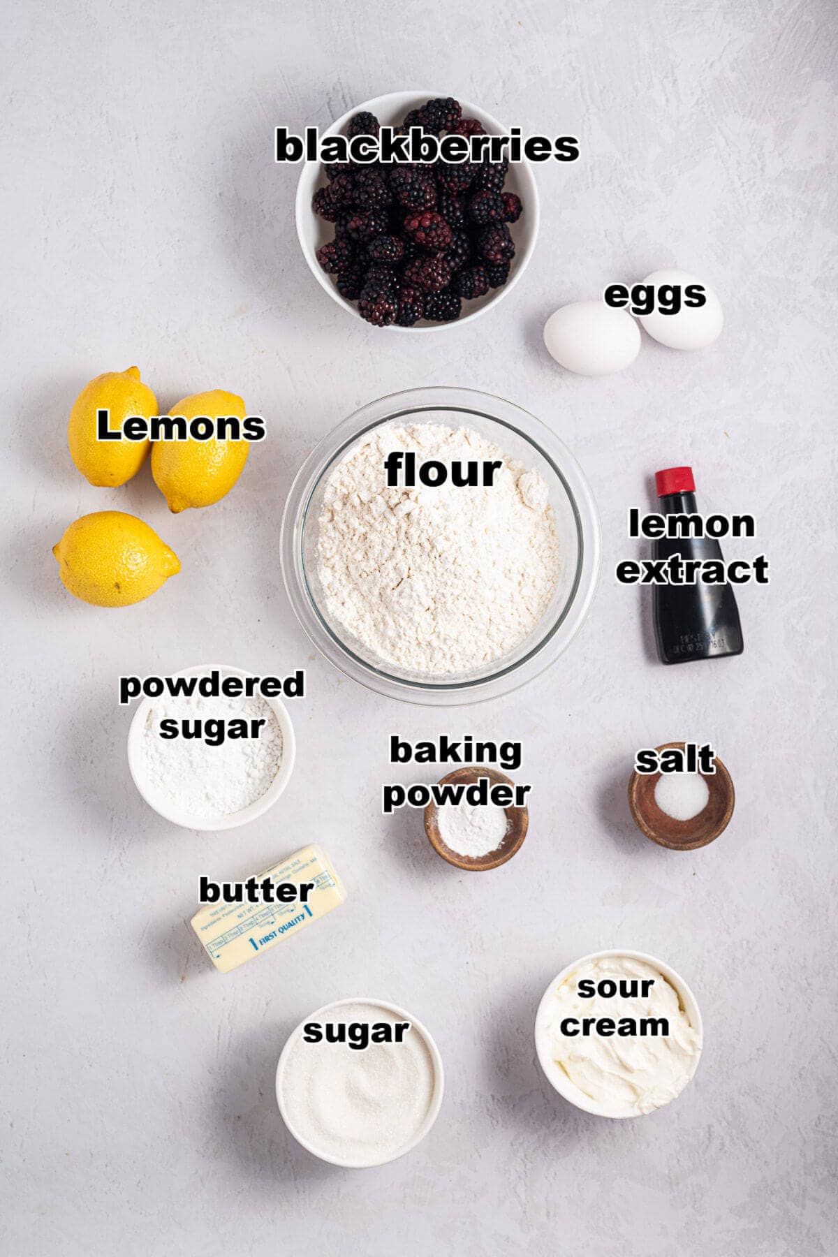 Ingredients to make Lemon Blackberry Cake.