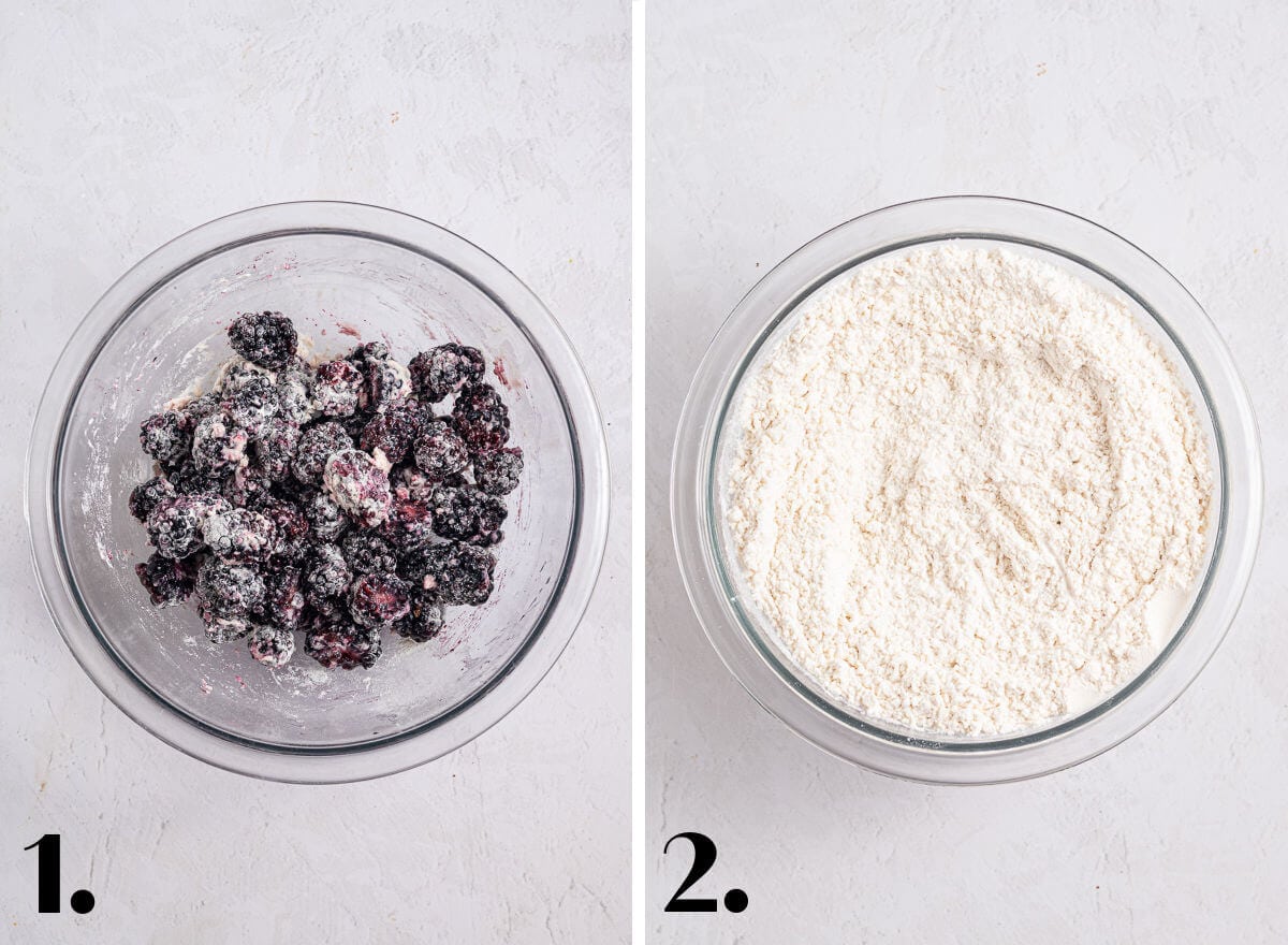 2 image collage showing the first 2 steps to making Lemon Blackberry Cake. 1- mix blackberries with lemon juice and flour; 2- mix dry ingredients.