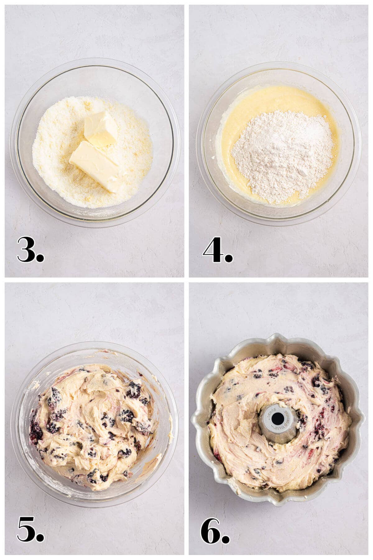 4 image collage showing how to mix the Lemon Blackberry Cake batter and place in a bundt pan.