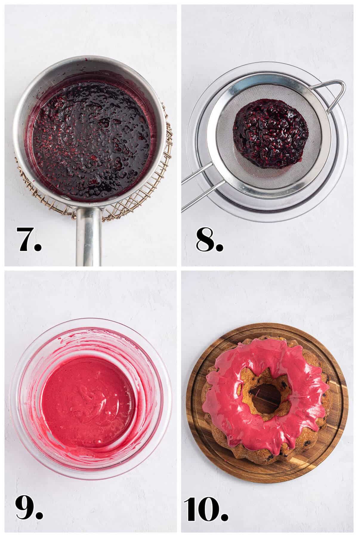 4 image collage showing the steps to making Blackberry glaze, last step shows the glaze on the bundt cake.