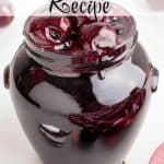 Jar of homemade cherry compote with whole cherries and syrup surrounded by fresh cherries. Text overlay reads 'Cherry Compote Recipe'.