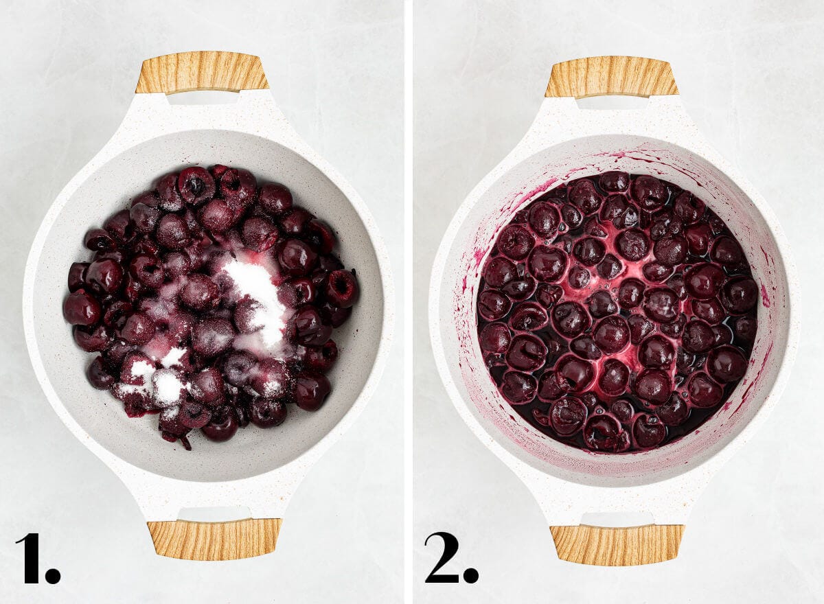 2 image collage showing the steps to make Cherry Compote.