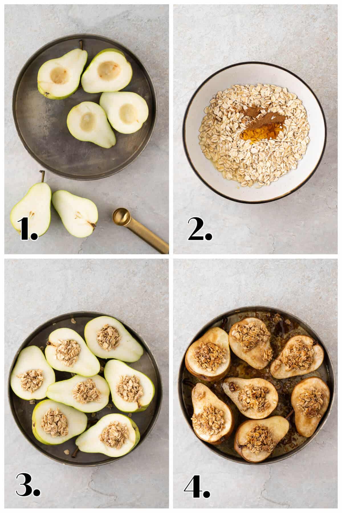 Collage of four photos showing the steps to make this Baked Pears Recipe.